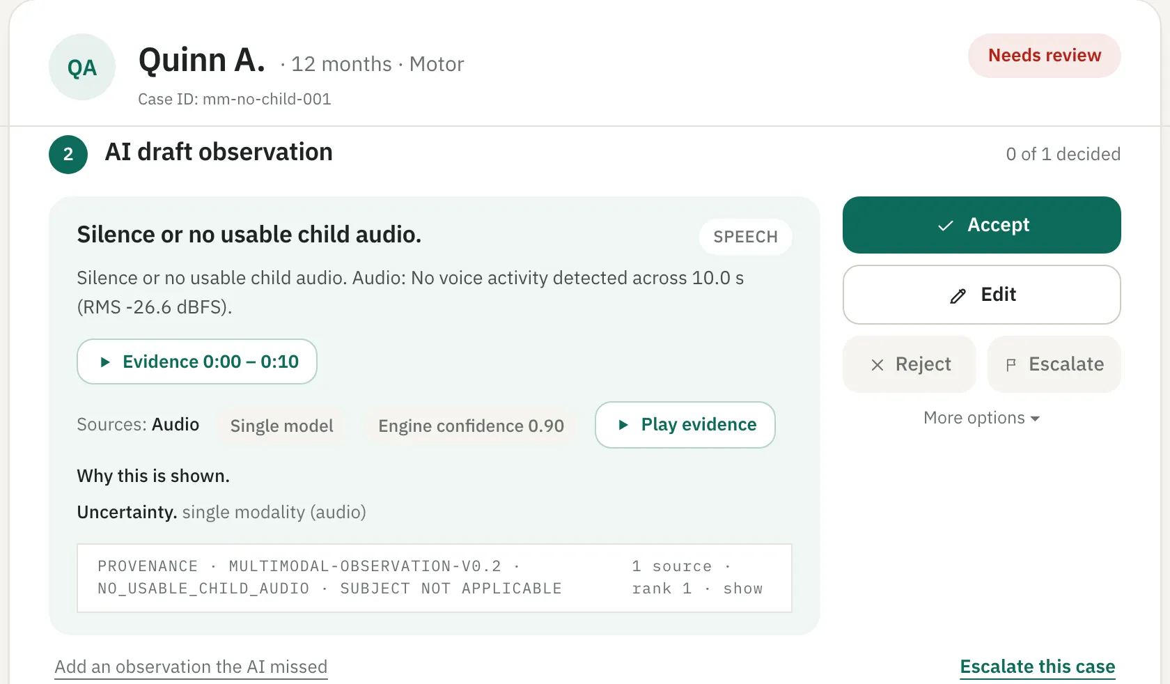 Prototype clinician workspace: the only draft item reports no usable child audio, awaiting a clinician decision.