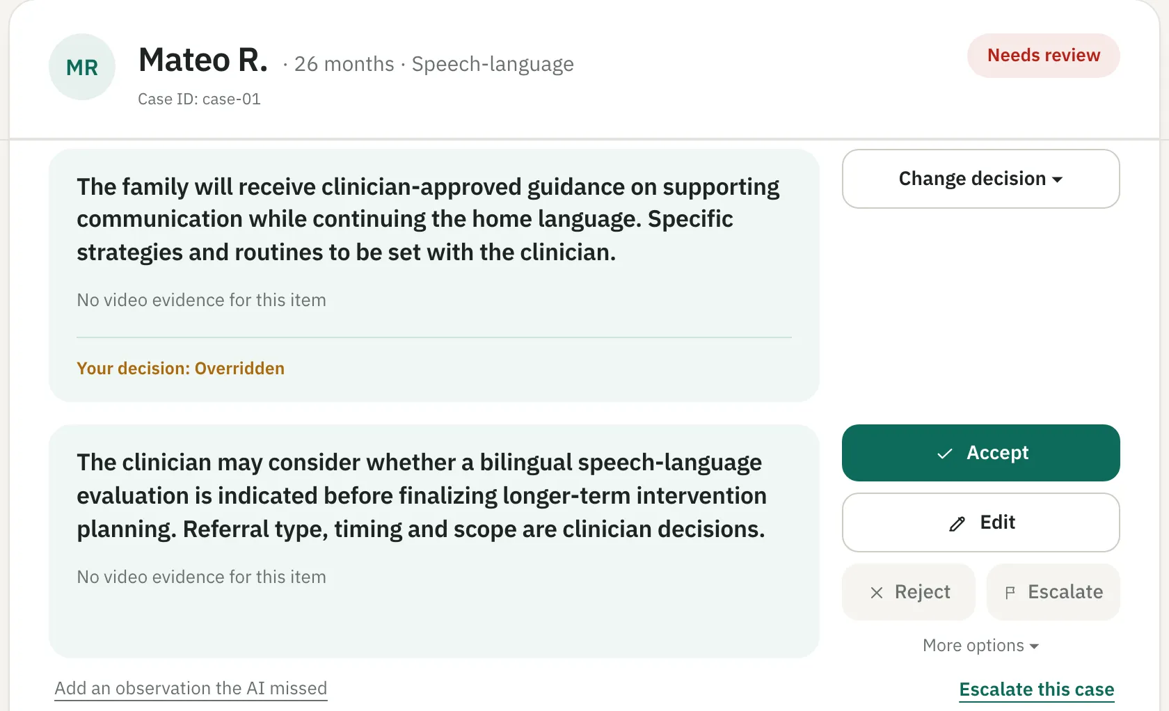 Prototype clinician workspace: one draft item marked Overridden by the clinician.