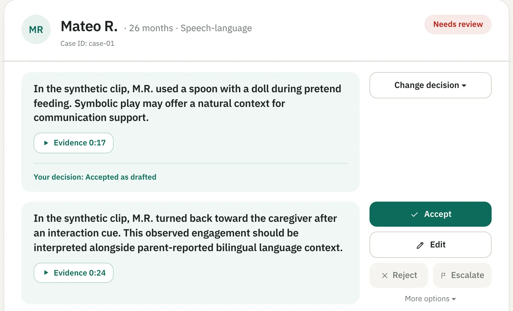 Prototype clinician workspace: three items accepted as drafted, one still awaiting decision.